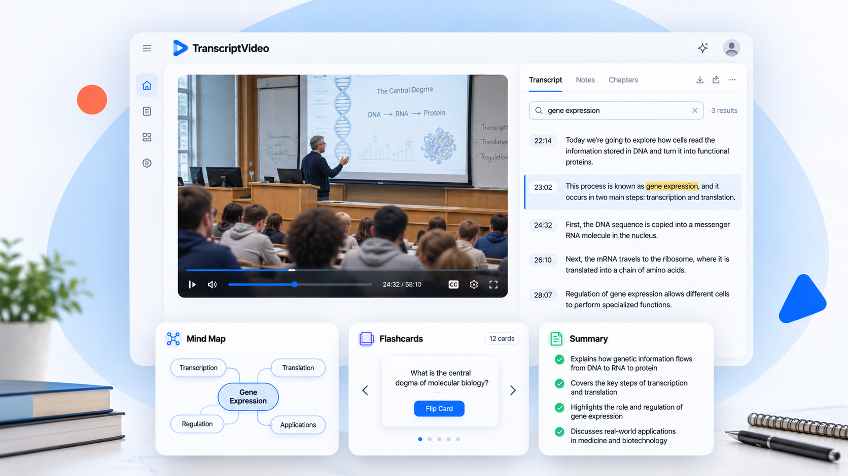 Transcript Video workspace with searchable text and connected AI study tools